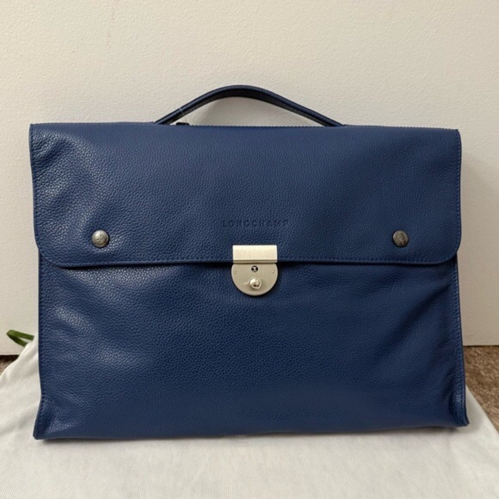 Longchamp Blue Pebbled Leather Briefcase with Lock and Keys